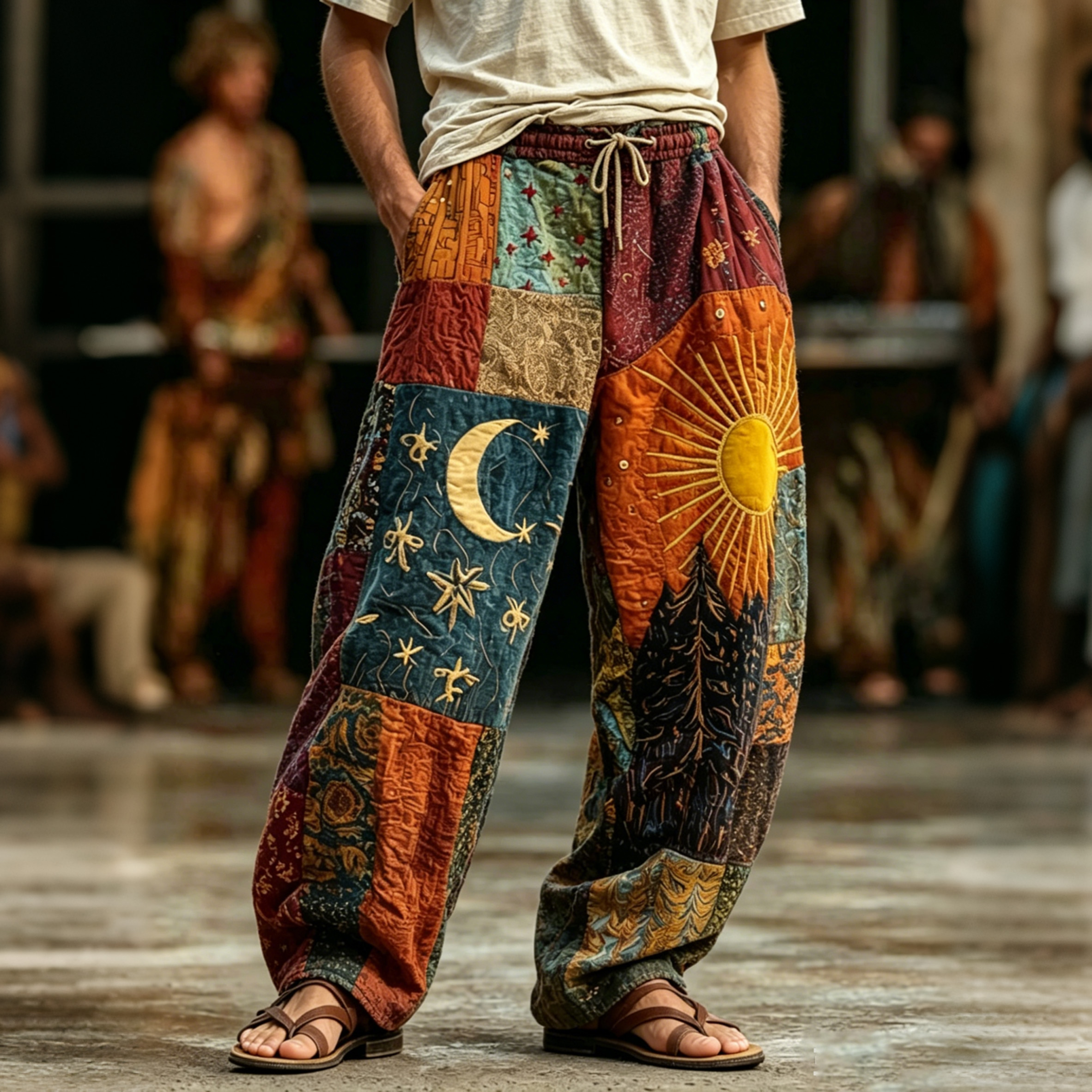 Comstylish Men's Boho Sun And Moon Hippie Patchwork Art Print Loose Drawstring Waist Pants