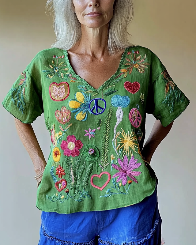 Women's short-sleeved hippie fun embroidery print top f4c8
