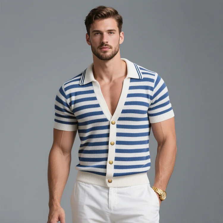 Okaywear V Neck Turndown Collar Button Blue Striped Knit Shirt Okaywear