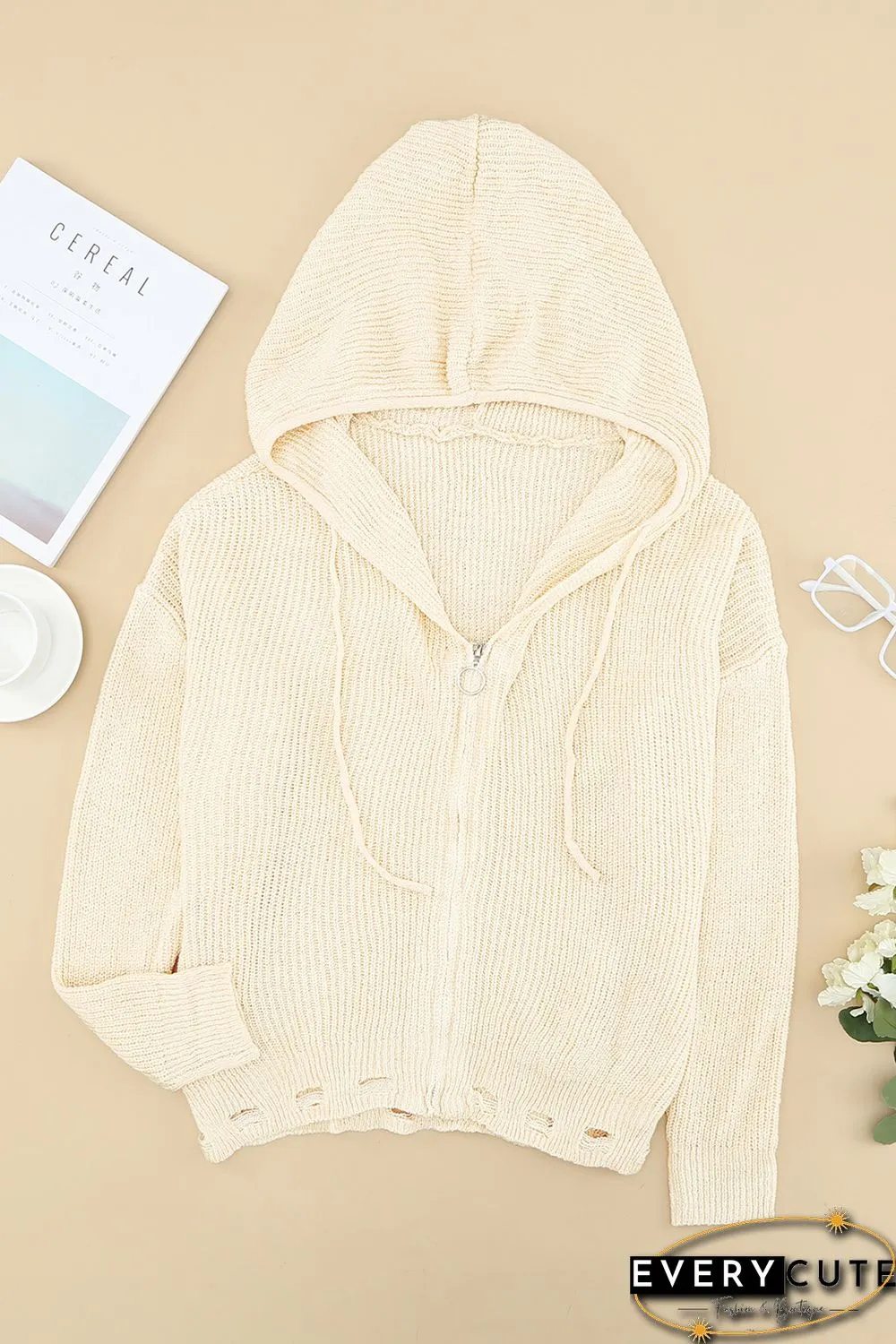 Zipper V-neck Dropped Sleeve Hooded Solid Sweater