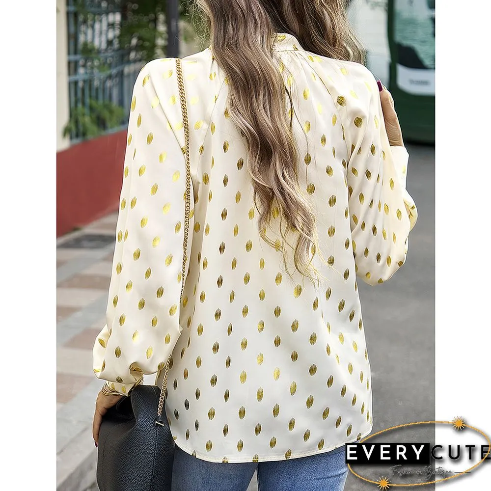 Khaki Notched Neck Pleated Cuffs Long Sleeve Tops