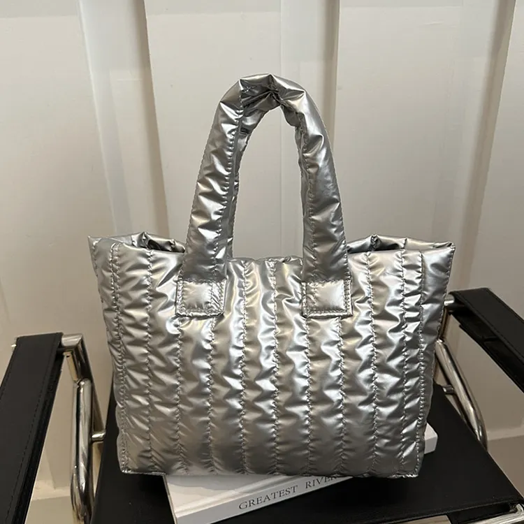 Quilted Ladies Tote Bags Large Capacity Female Hand Bag Solid Color Casual Fashion Simple Nylon Elegant for Weekend Vacation