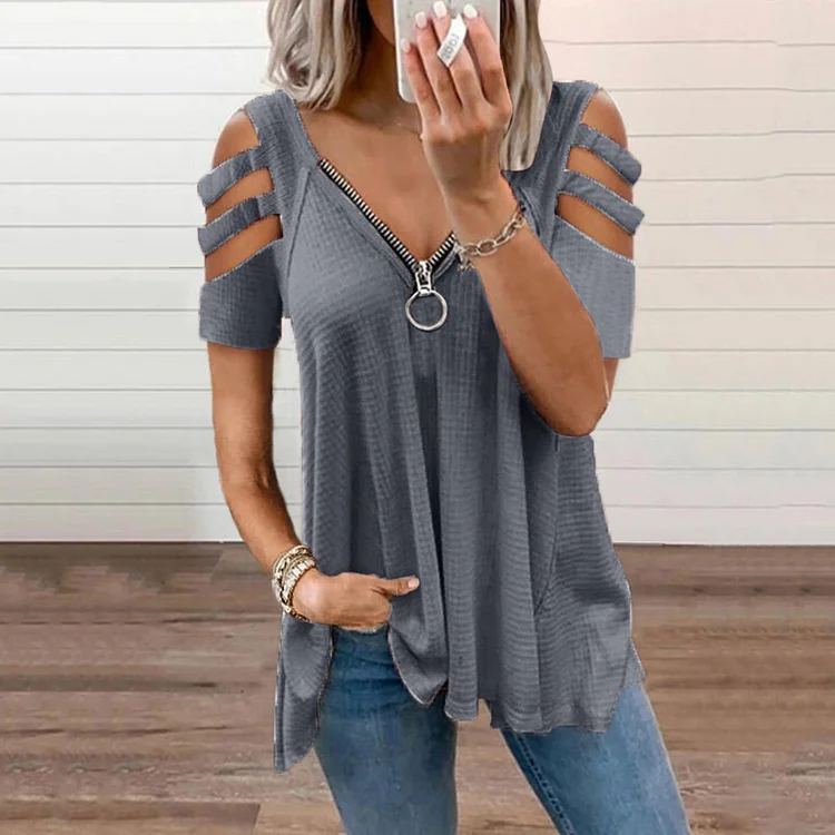 Sexy V-Neck Zipper Short-Sleeved Solid Color T-Shirt