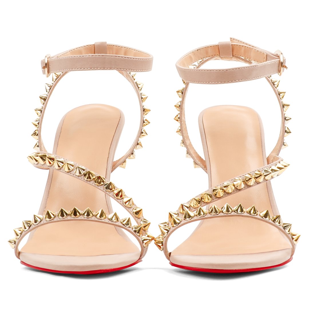 3.94'' Women Slingback Open Toe Rivets Sandals Ankle Buckle High Heel Summer Red Bottoms Nude Shoes-MERUMOTE