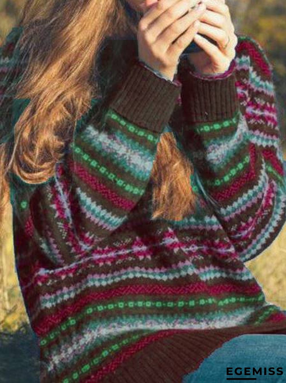Cotton-Blend Round Neck Long Sleeve Sweater | EGEMISS