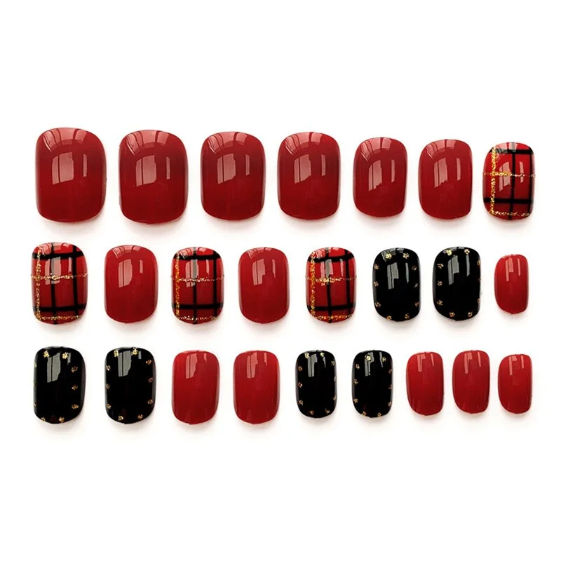 24pcs/box New High Quality Fresh Red and Black Stripe fake nails with designs and glue Wearable Short Full Cover acryl nail tips-Nail Inspo