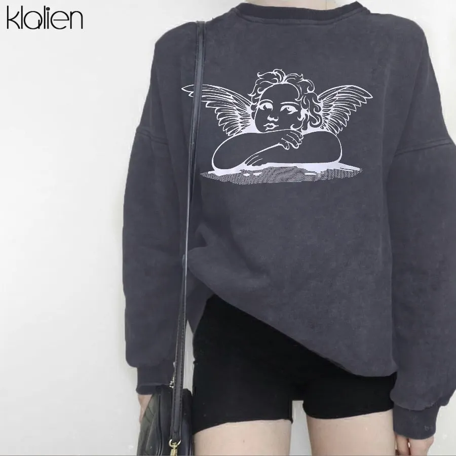 KLALIEN women angle print hoodies casual loose oversize long sleeve sweatshirts 2020 autumn winter fashion streetwear outfit