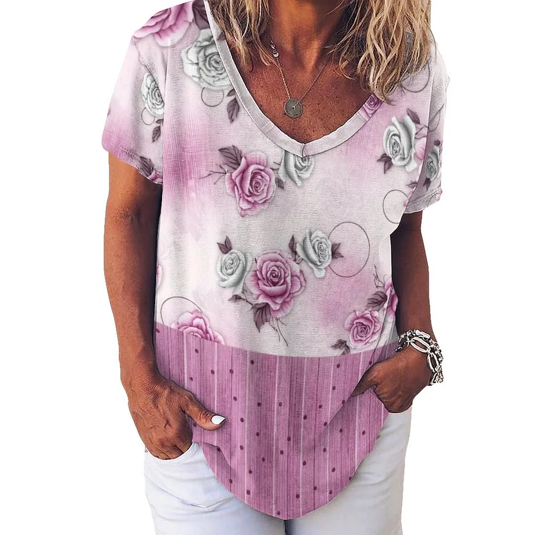 V-neck Short Sleeve Casual T-shirt for  Women Printed with Pattern Pink, Floral, Striped