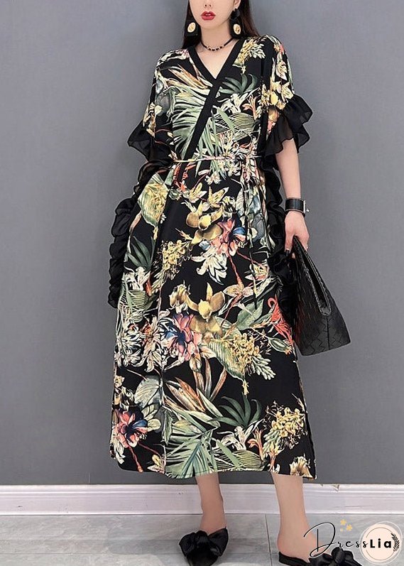 Green Side Open Print Long Dress Short Sleeve