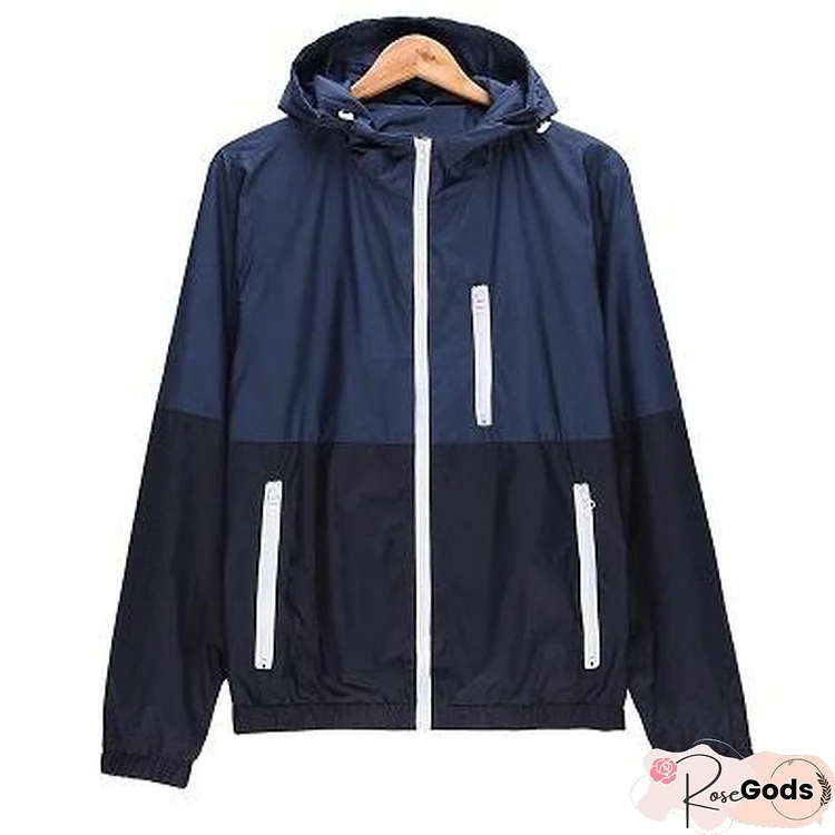 Windbreaker Men Casual Spring Autumn Lightweight Jacket Hooded Contrast Color Zipper Up Jackets Outwear