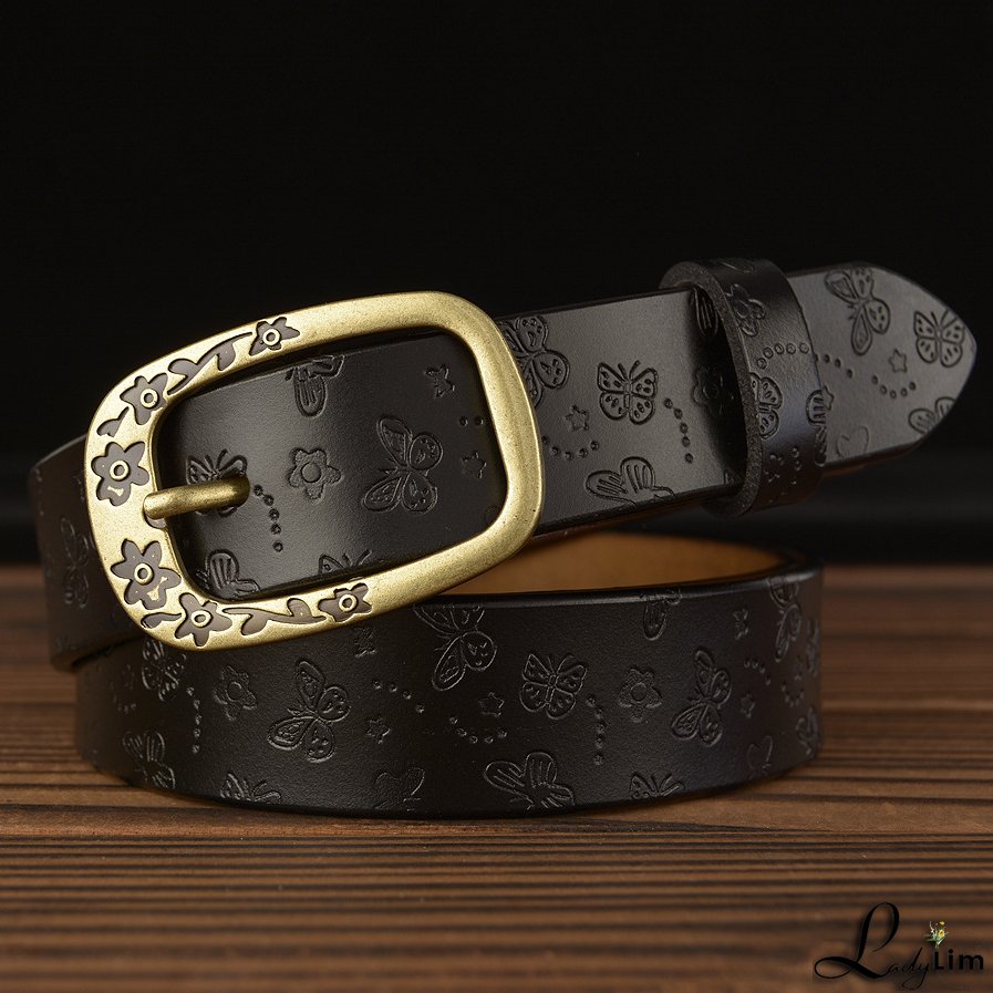 Casual needle buckle leather ladies belt fashion trend embossed real leather belt jeans with women