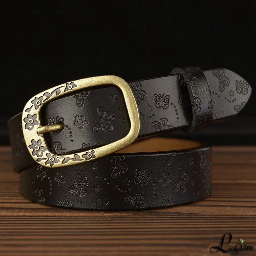 Casual needle buckle leather ladies belt fashion trend embossed real leather belt jeans with women