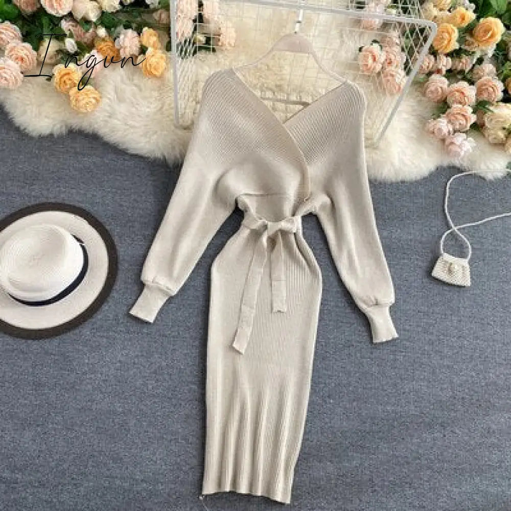 Ingvn - Sparkling Sexy Party Dress Woman Sweater Elegant Slim V - Neck Basic Knitted Green Vintage