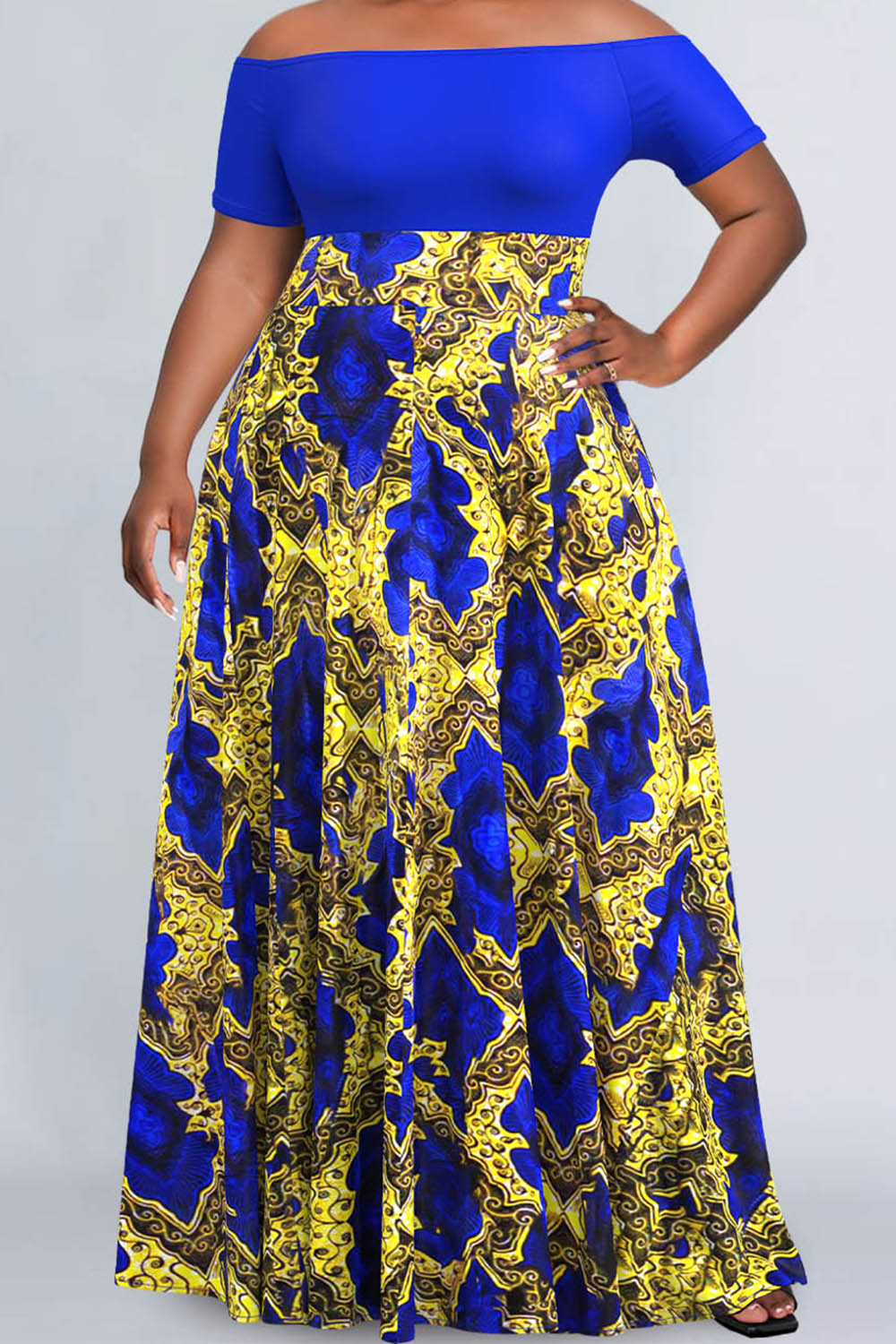 Design Plus Size Royal Blue Ankara Off Shoulder Maxi Dresses [Pre-Order]