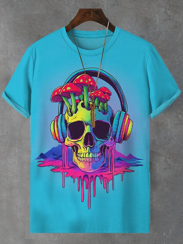 Men's Colorful Skull Wearing Headphones Dark Art Print Casual T-Shirt