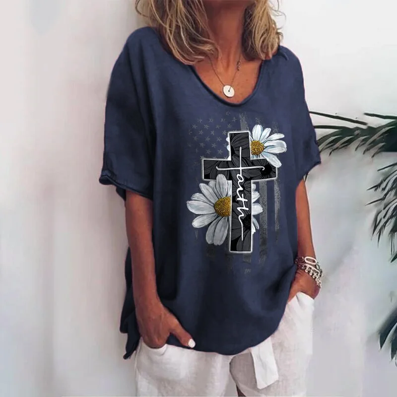 Faith cross floral v-neck graphic tees
