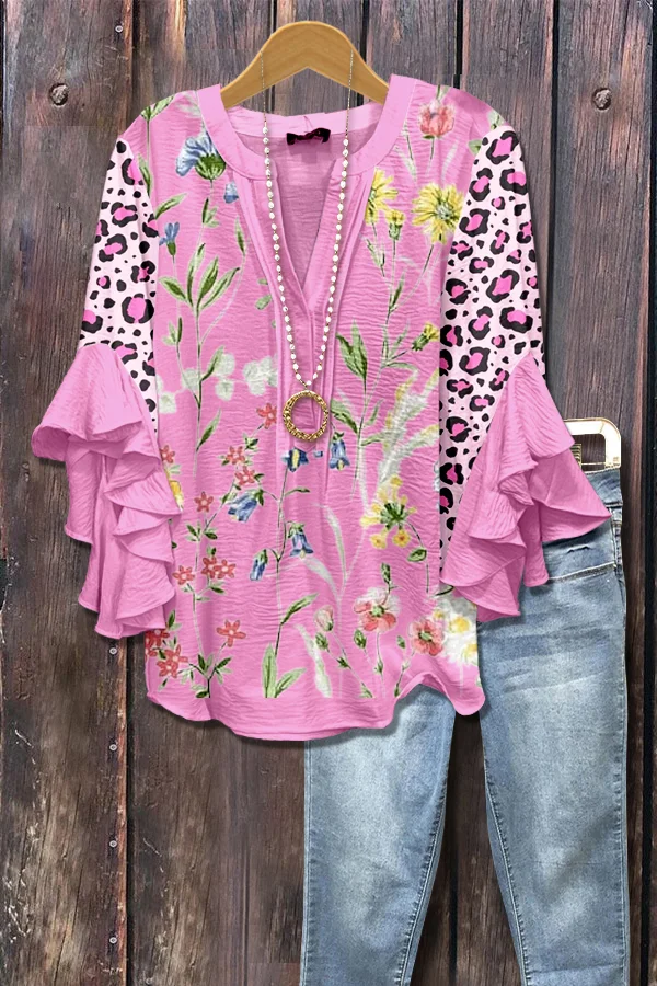 Floral Print Leopard Ruffle Sleeve Top