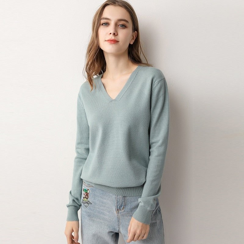 Women Sweater 2020 New V-neck Female Long-sleeved Knitted Pullover Jumper Pull Femme Clothes White Loose Thin Good Quality