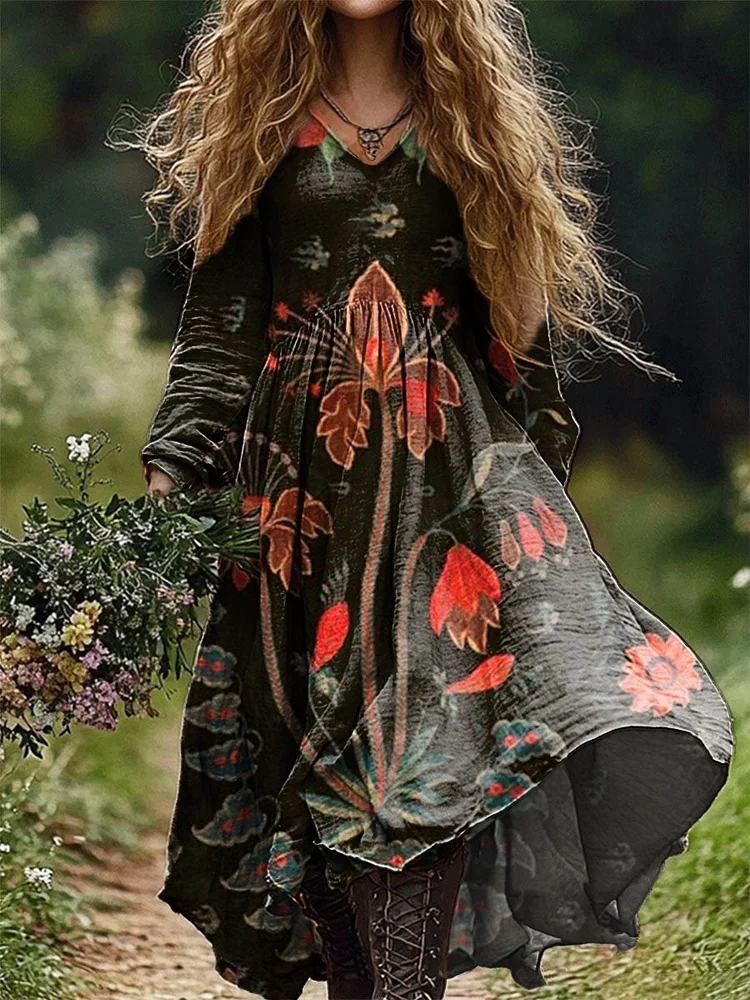 Women's Vintage Floral Art Print Pocket Cotton Dress