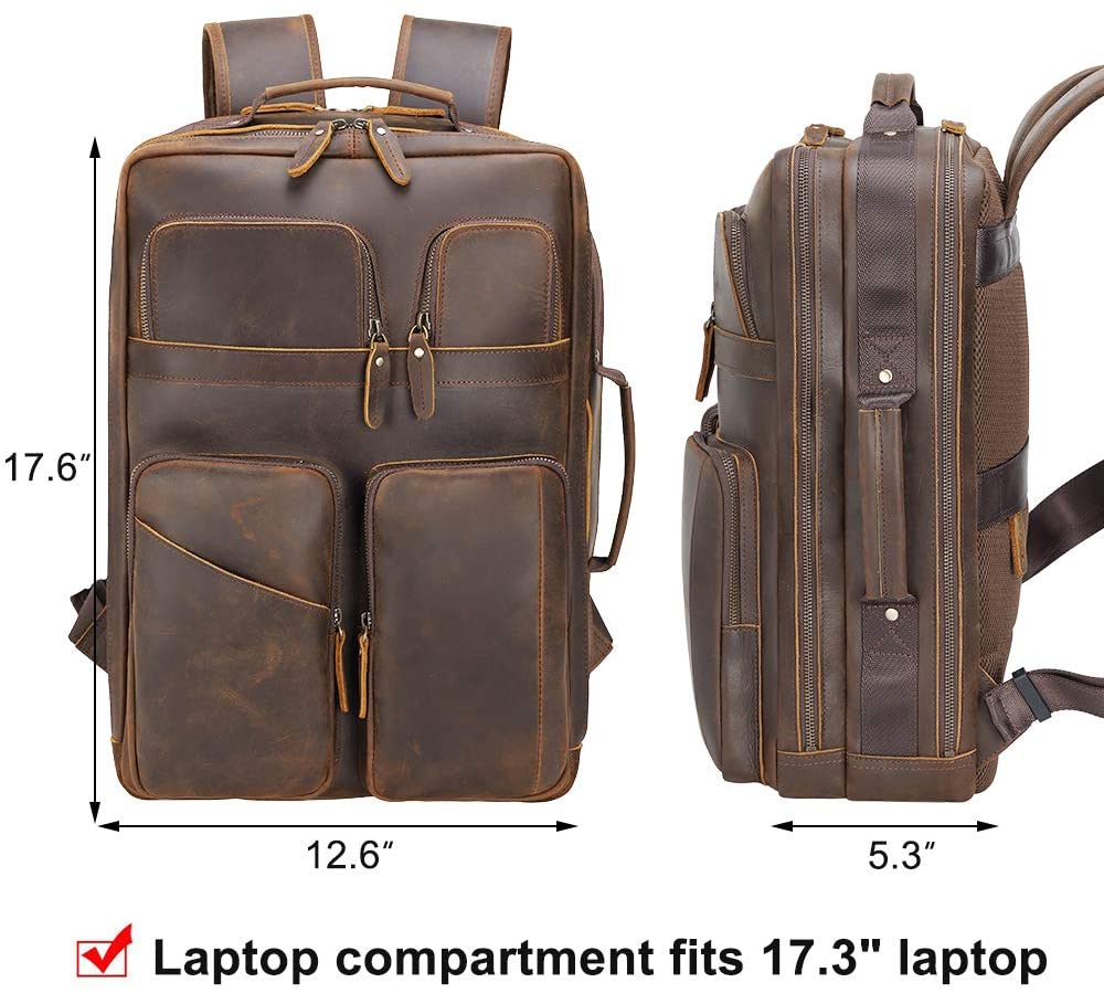 17.3" Vintage Leather Laptop Backpack for Men Multi Pockets Casual School Daypack Travel Rucksack