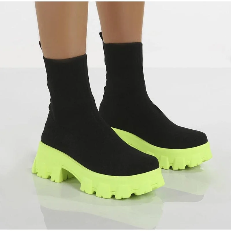 Women Ankle Boots Thick Bottom Knitted Woman Sock Shoes Elastic Fabric Fashion Female Short Boot Autumn Ladies Footwear 2021 New