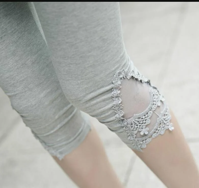 CUHAKCI Fitness Leggins Short Leggings Women Summer Lace Floral Female Casual Capris Hollow Out Slim White Black