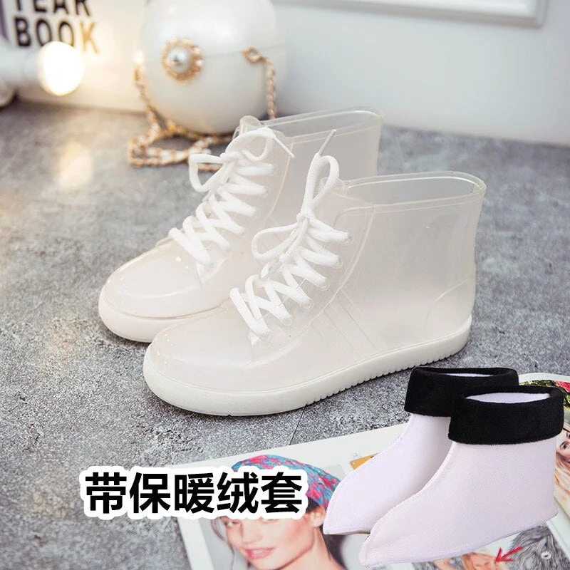 Jelly Transparent Anti-Slip Fashion Waterproof Shoes Rainshoes Rain Boots Shoe Cover Woolen Cotton Rubber Boots Female Short