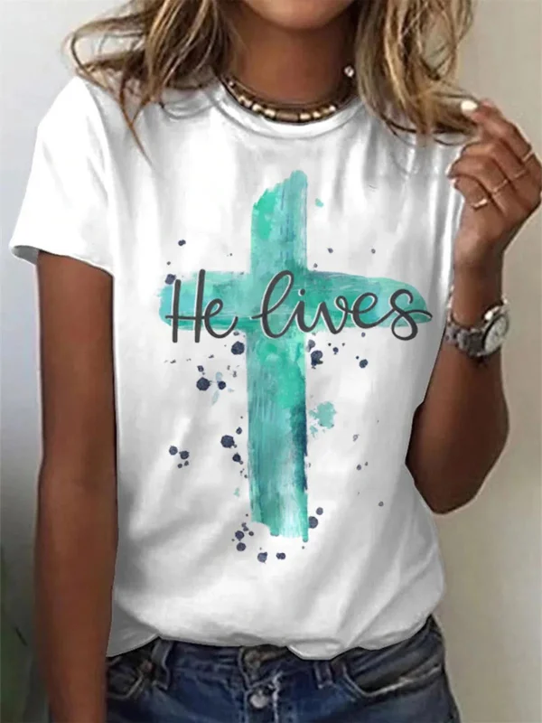 He Lives Faith Cross Printed Casual Tee