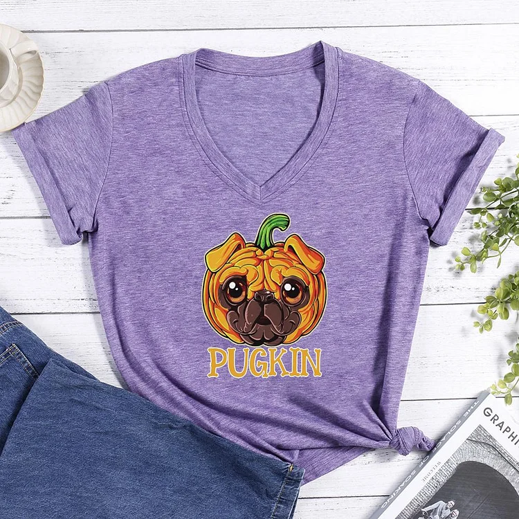 Pugkin Pug Pumpkin V-neck T Shirt-Annaletters