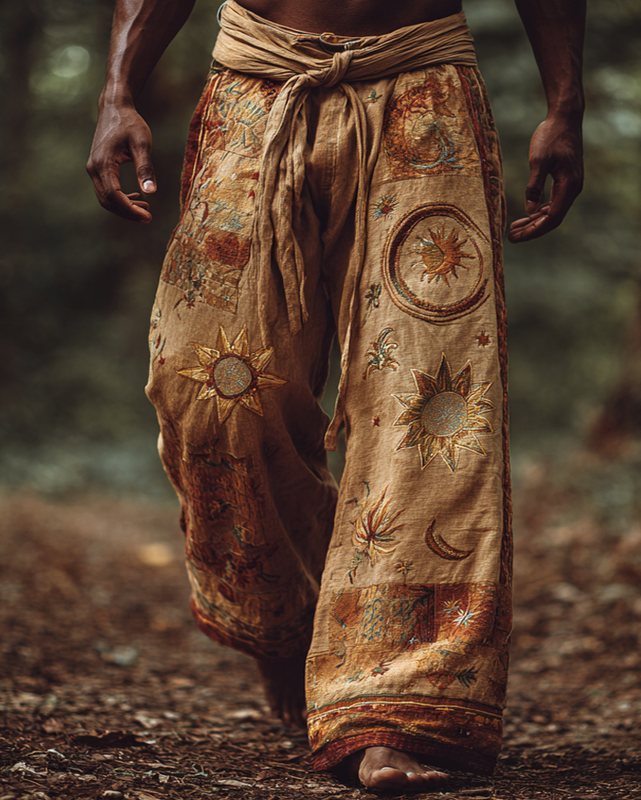 Men's casual star and moon 3D embroidered linen trousers 36cc