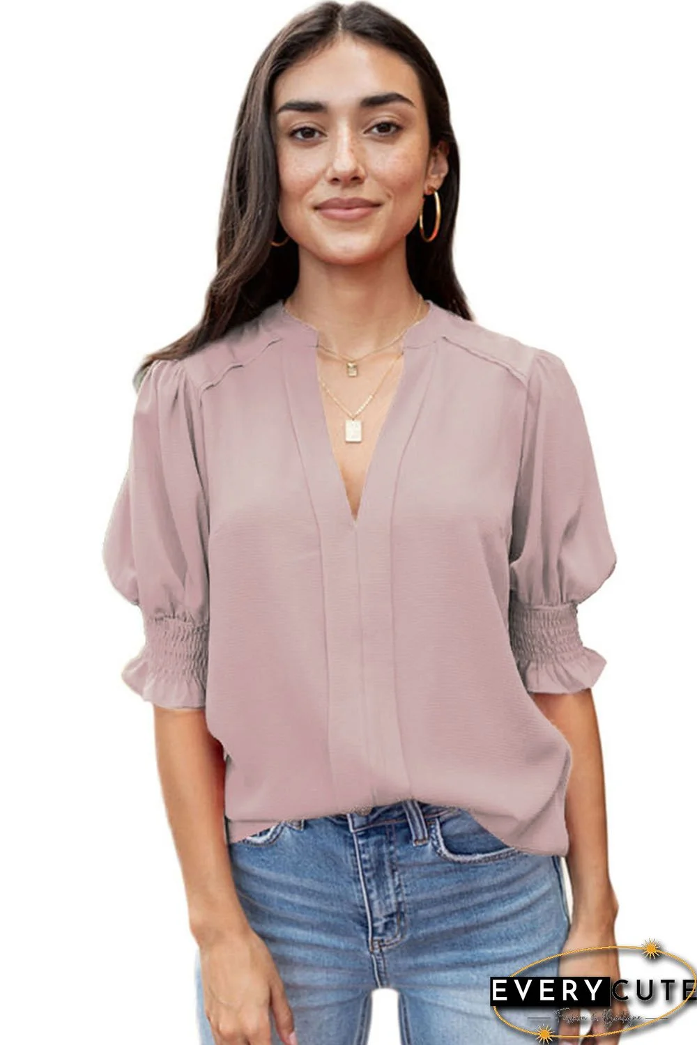 Pink Solid Color Half Sleeve V Neck Blouse