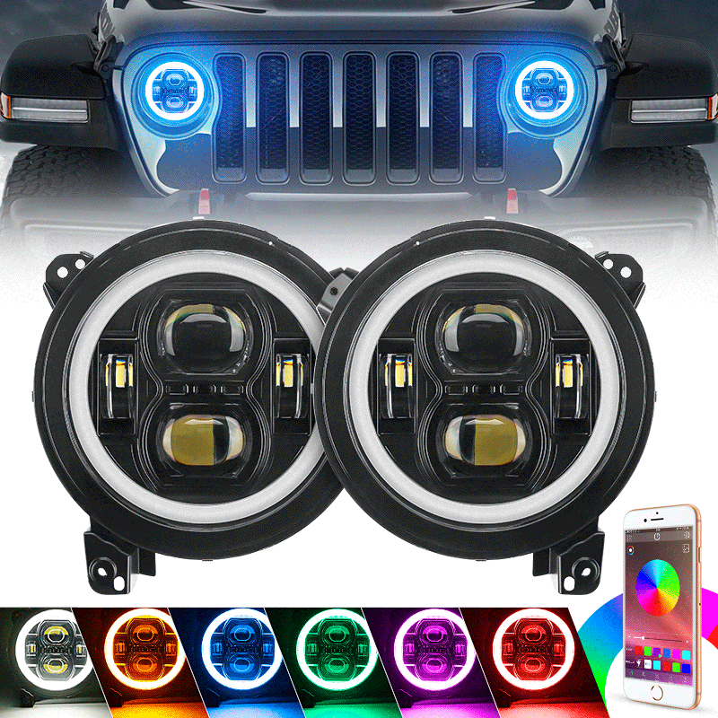 9" LED RGB Jeep Headlights with White Halo for 2018-2024 Wrangler JL & Gladiator JT