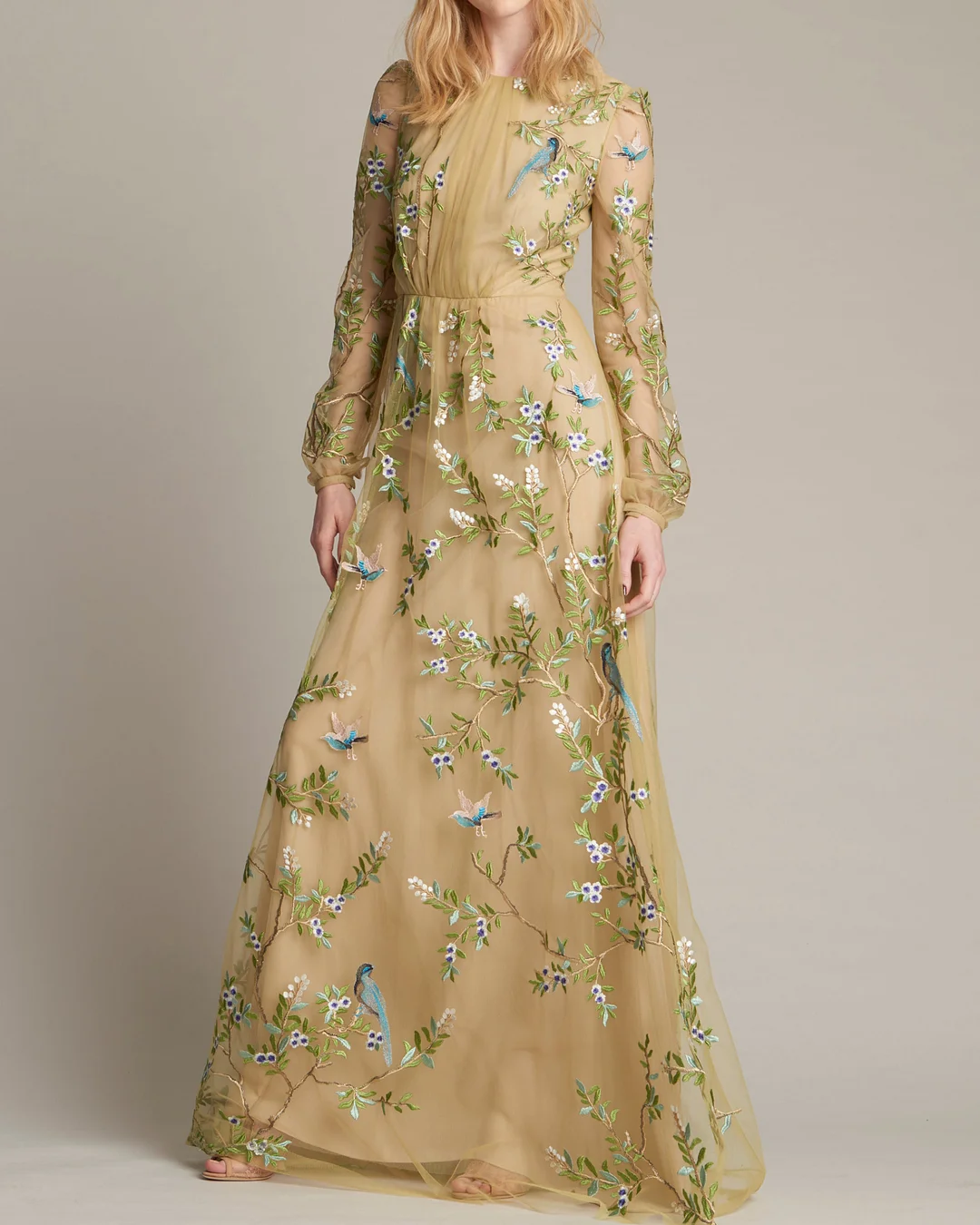 long-sleeve tulle embroidered floral dress