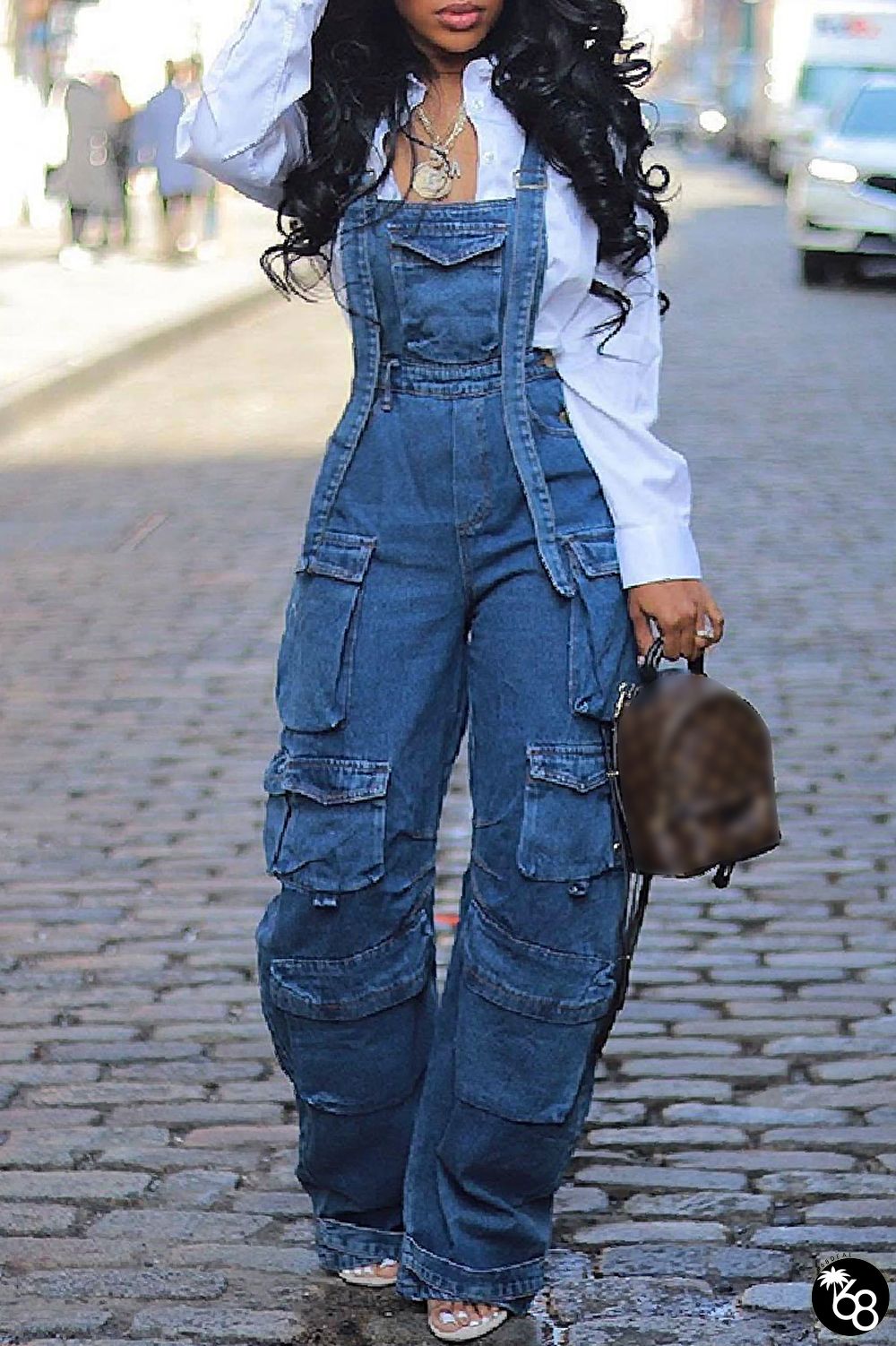 Casual Solid Patchwork Pocket Backless Spaghetti Strap Sleeveless Regular Denim Jumpsuits | 168DEAL