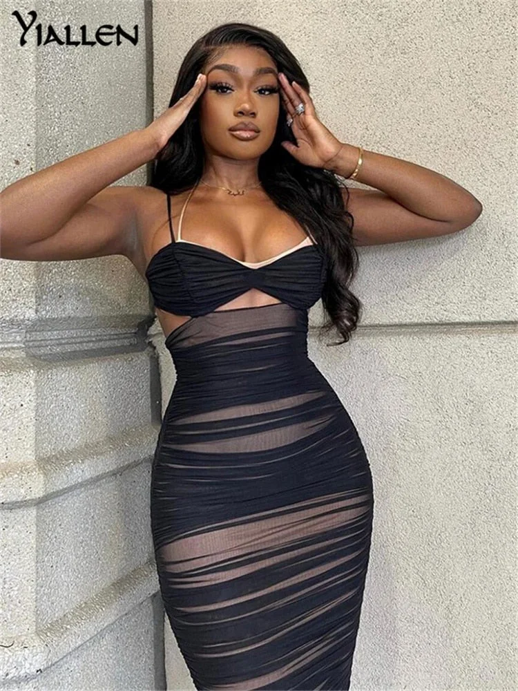Yiallen Black Double Layer Midi Dresses For Women Summer Sexy Sleeveless Hollow Out Slim Dress Partywear Backless Club Clothing