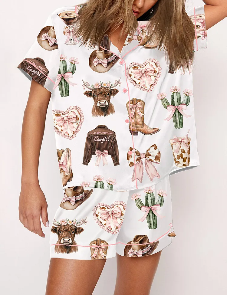 Women&rsquo;s Coquette Cowgirl Howdy Highland Cow Print Short Sleeve Satin Pajama Set