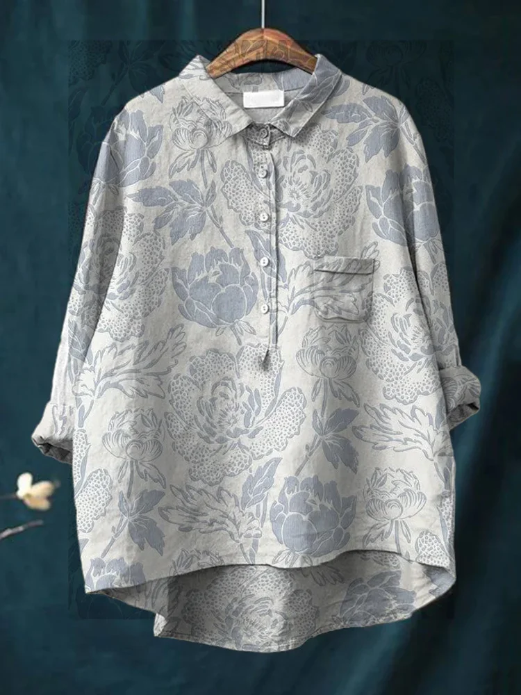 Women's Casual Blue Floral Printed Cotton Shirt