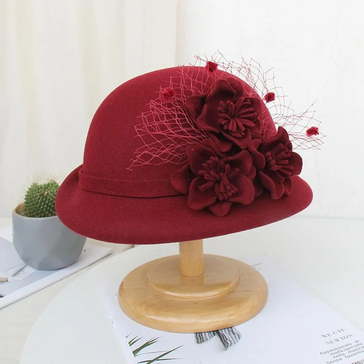 Bucket Hats Gatsby Winter Wool Flower Mesh Curled Dome Vintage Hat