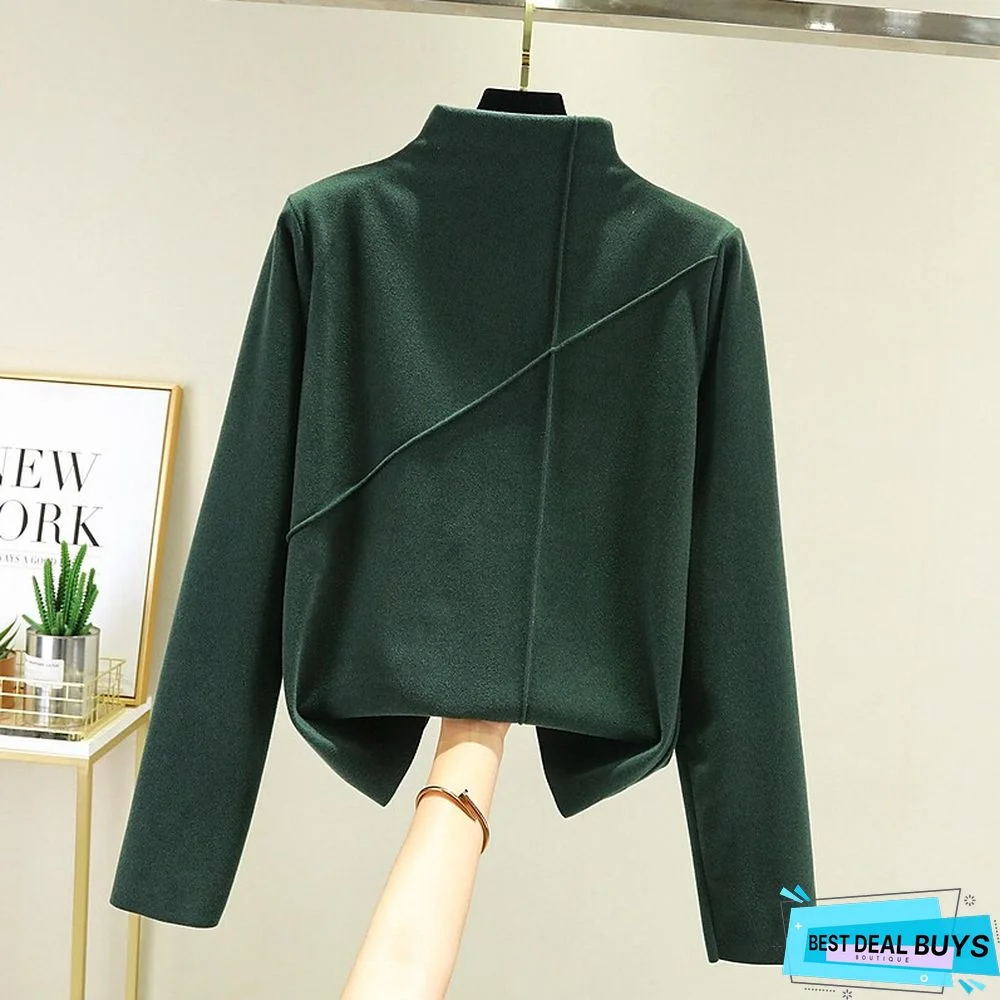 Women's T shirt Tee Light Pink dark brown A Plain Long Sleeve Daily Basic High Neck Regular Fleece lined XXL (recommended 140-160 catties)