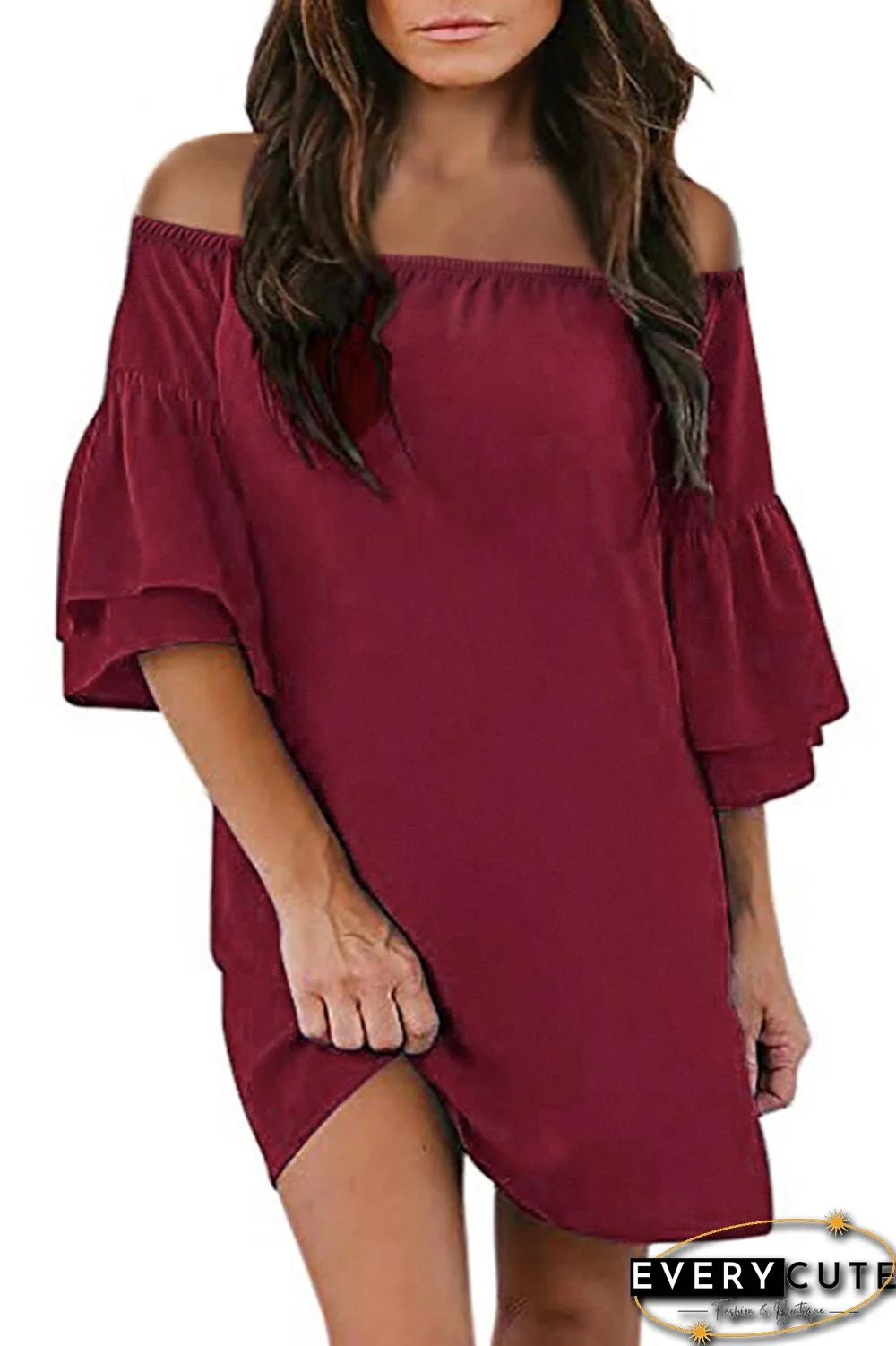 Red Off Shoulder Ruffled Sleeve Shift Dress