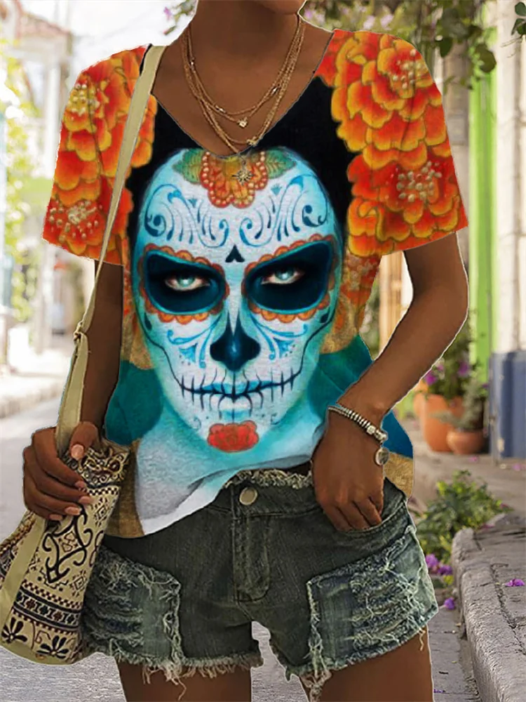 Day Of The Dead Lady Art V Neck T Shirt