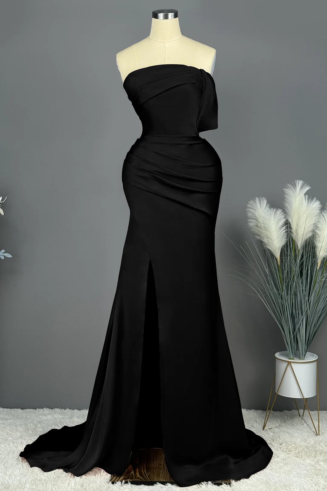 Okdais Black Prom Dress Simple Charmeuse One Shoulder With Slit X0004