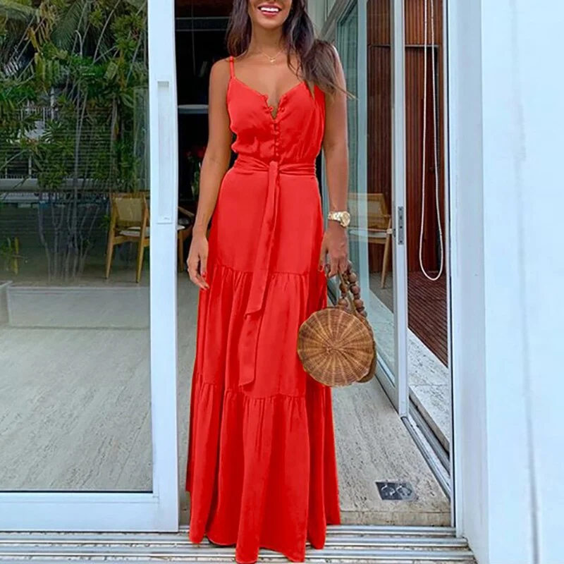 Uaang Neck Button White Beach Dress Belt High Waist Casual Vintage Vestidos Summer Women Holiday A Line Sling Party Long Dress Femme