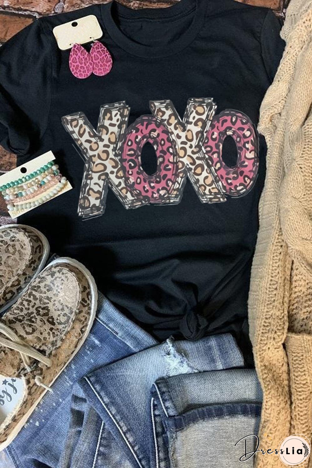 Black and Leopard Print XOXO T-Shirt, Casual Wear