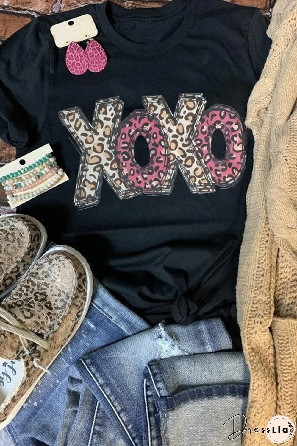 Black and Leopard Print XOXO T-Shirt, Casual Wear