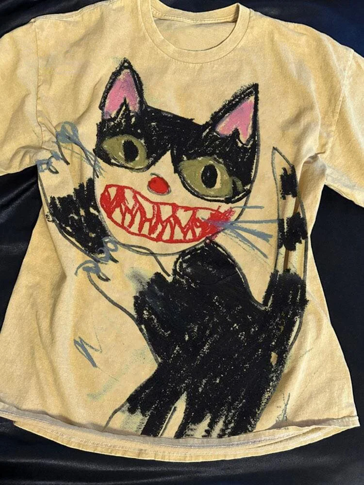 Women's Horror Cat Crayon Art Print Casual T-Shirt