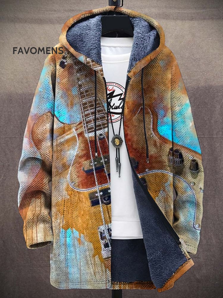 Ink Guitar Music Vintage Print Unisex Plush Thick Long-Sleeved Sweater Cardigan Coat Multicolor / S