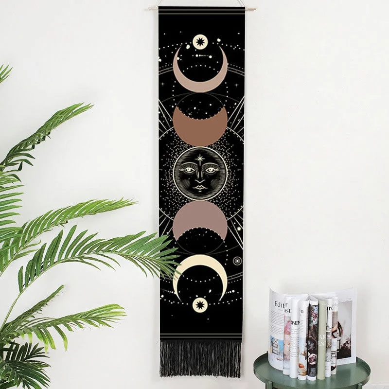 Moon Phases Tapestry Wall Art Hanging Tarot Witchcraft Tapestries HD Printing Sun Moon Tapestry Psychedelic Decor Tassel Carpet
