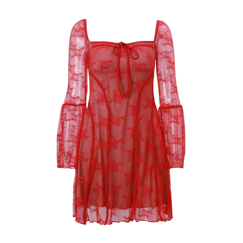 Uveng Uveng Women's Wear 2023 New Ballet Style Sexy Pure Desire Lace-Up Strapless Lace Print Long-Sleeved Dress