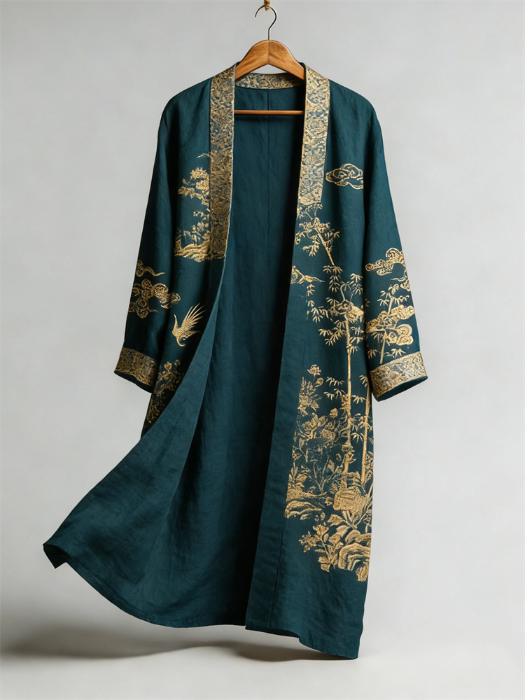 Japanese Bamboo Landscape Flowy Long Linen Kimono  artssus